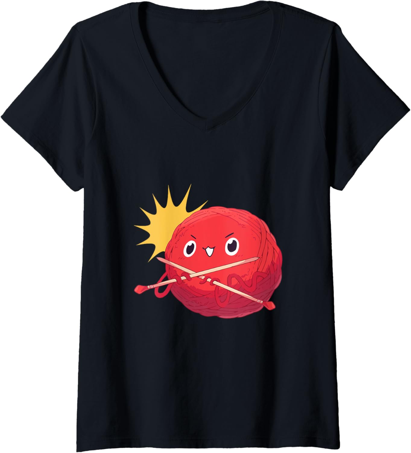 Womens Knitting red yarn ball V-Neck
