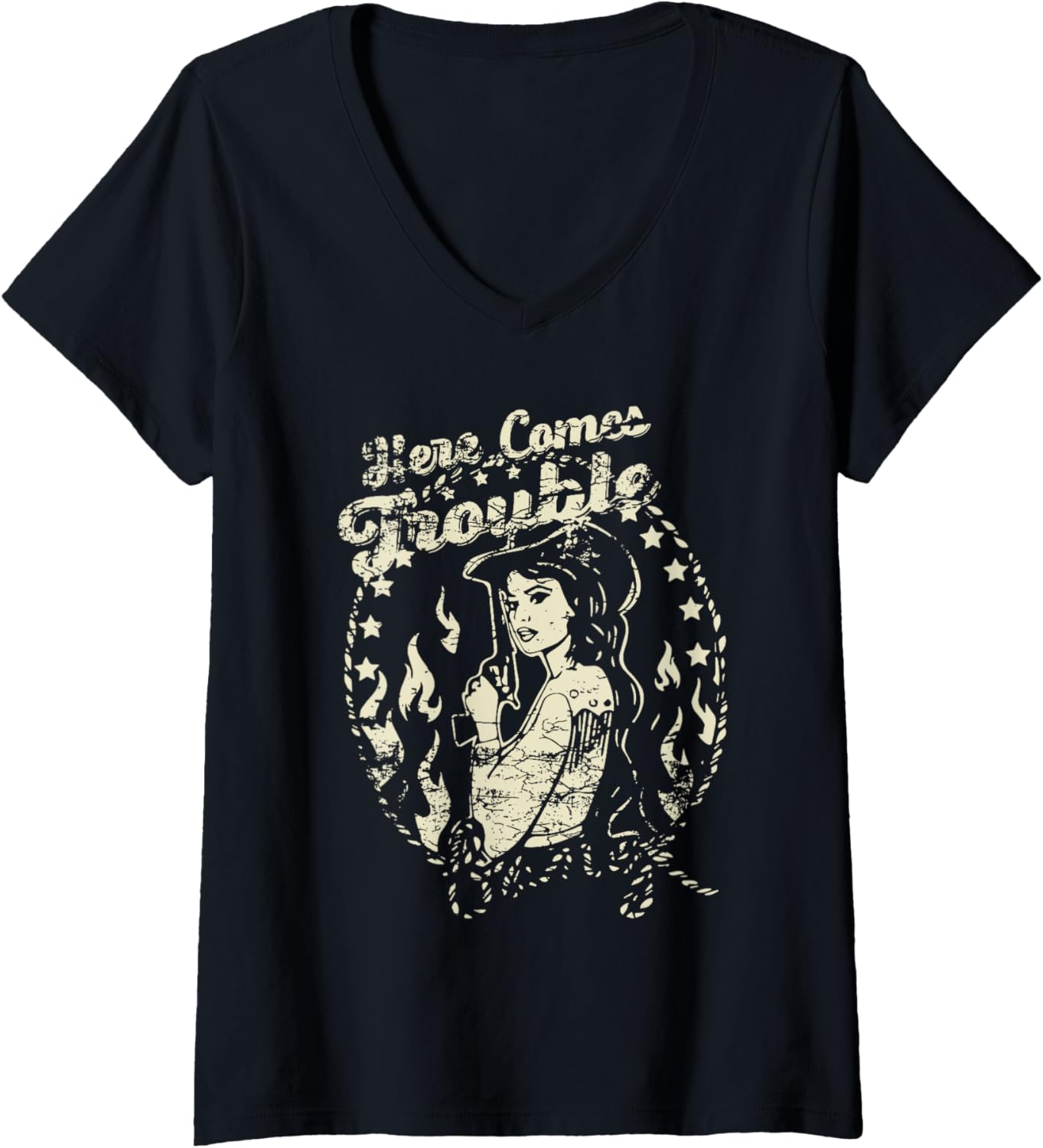 Womens Here Comes Trouble Funny Troublemaker Cowgirls V-Neck