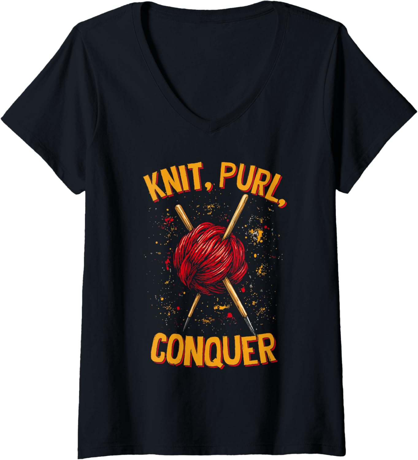 Womens Knit Purl Conquer Knitting Humor Funny Saying Yarn Lovers V-Neck