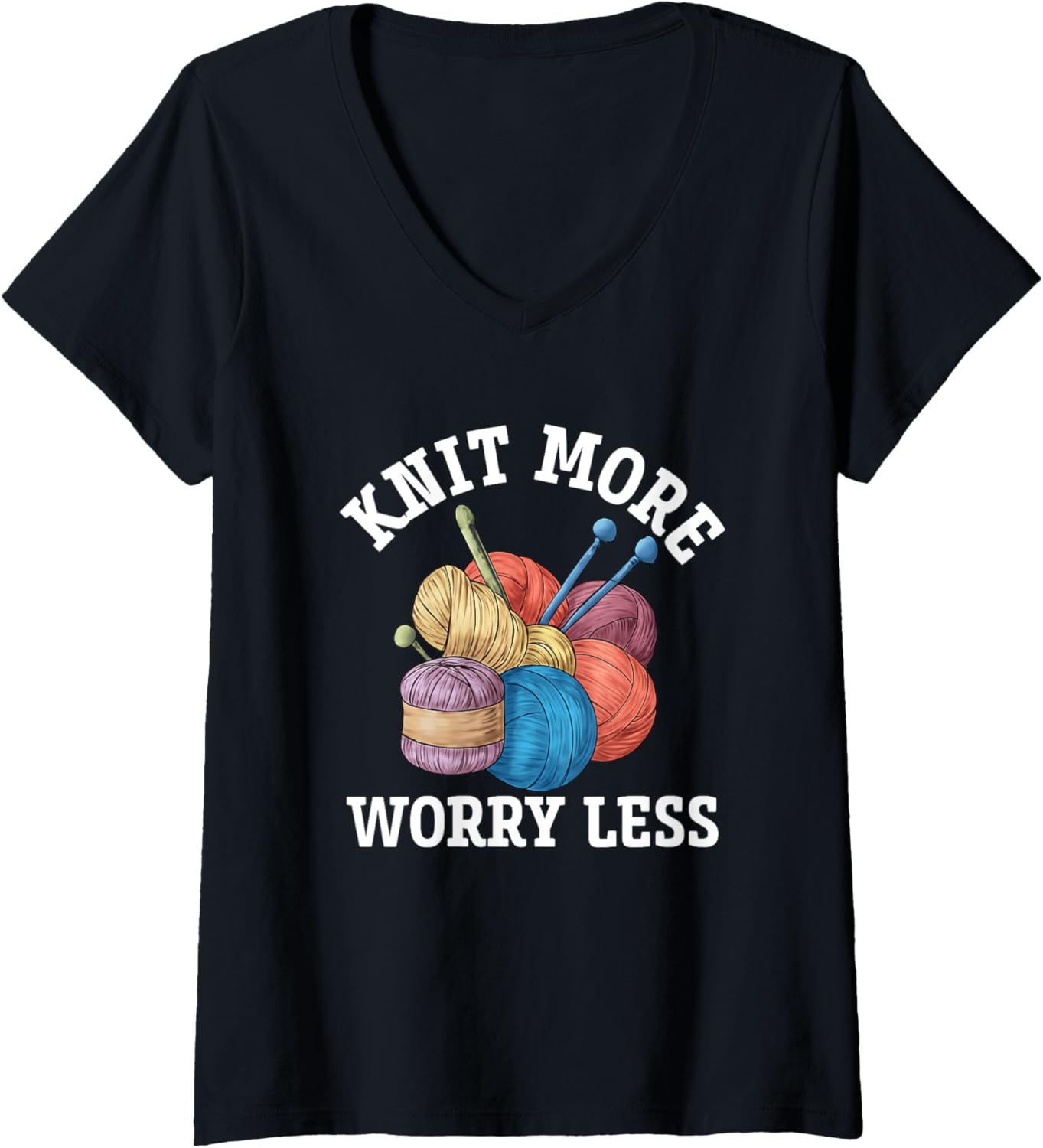 Womens Knit More Worry Less Yarn Relaxation V-Neck