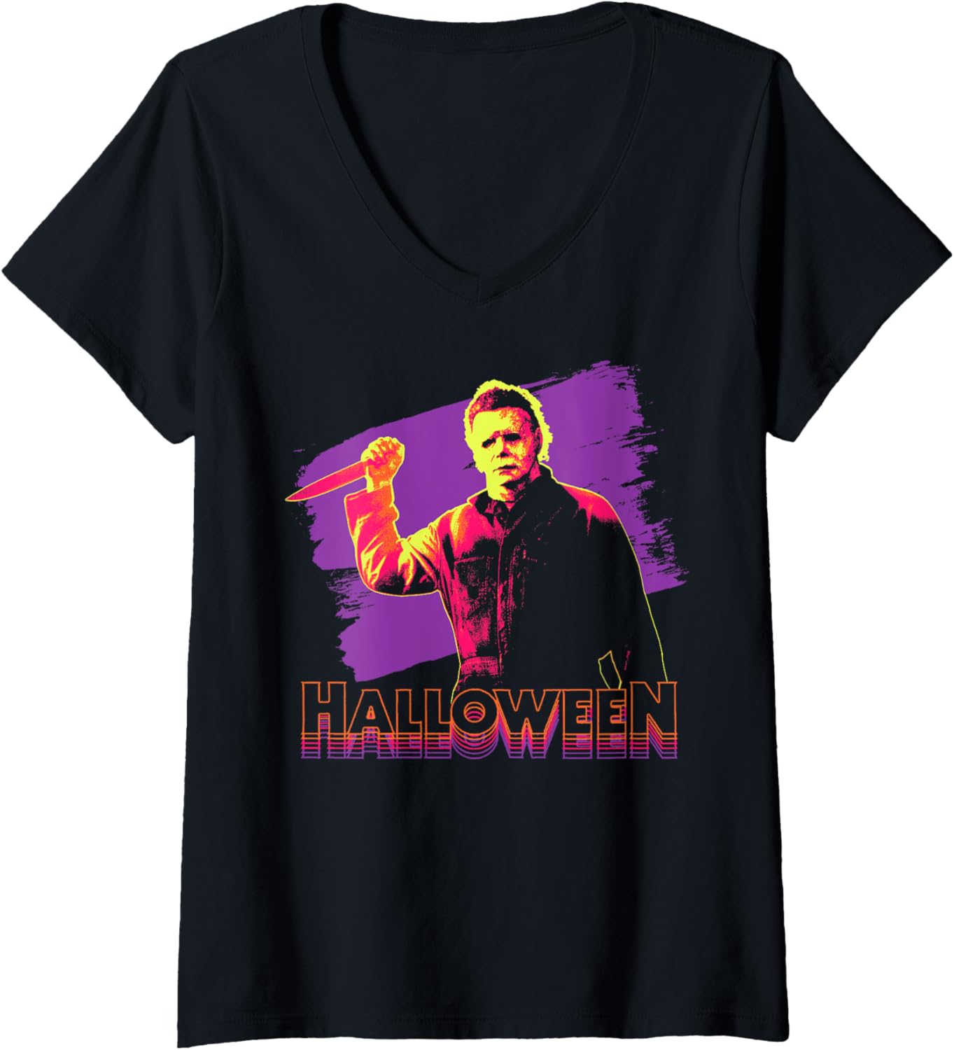 Womens Halloween Michael Myers Neon Portrait V-Neck