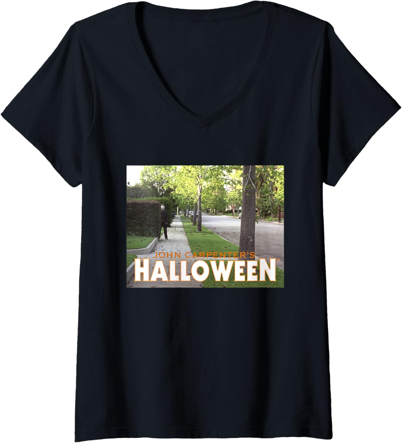 Womens Halloween Michael Myers Behind Bush V-Neck