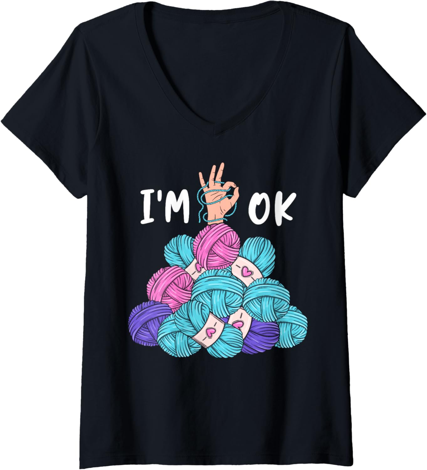 Womens I'm OK Knitting Lover Yarn Enthusiast Knit Crocheting Pun V-Neck