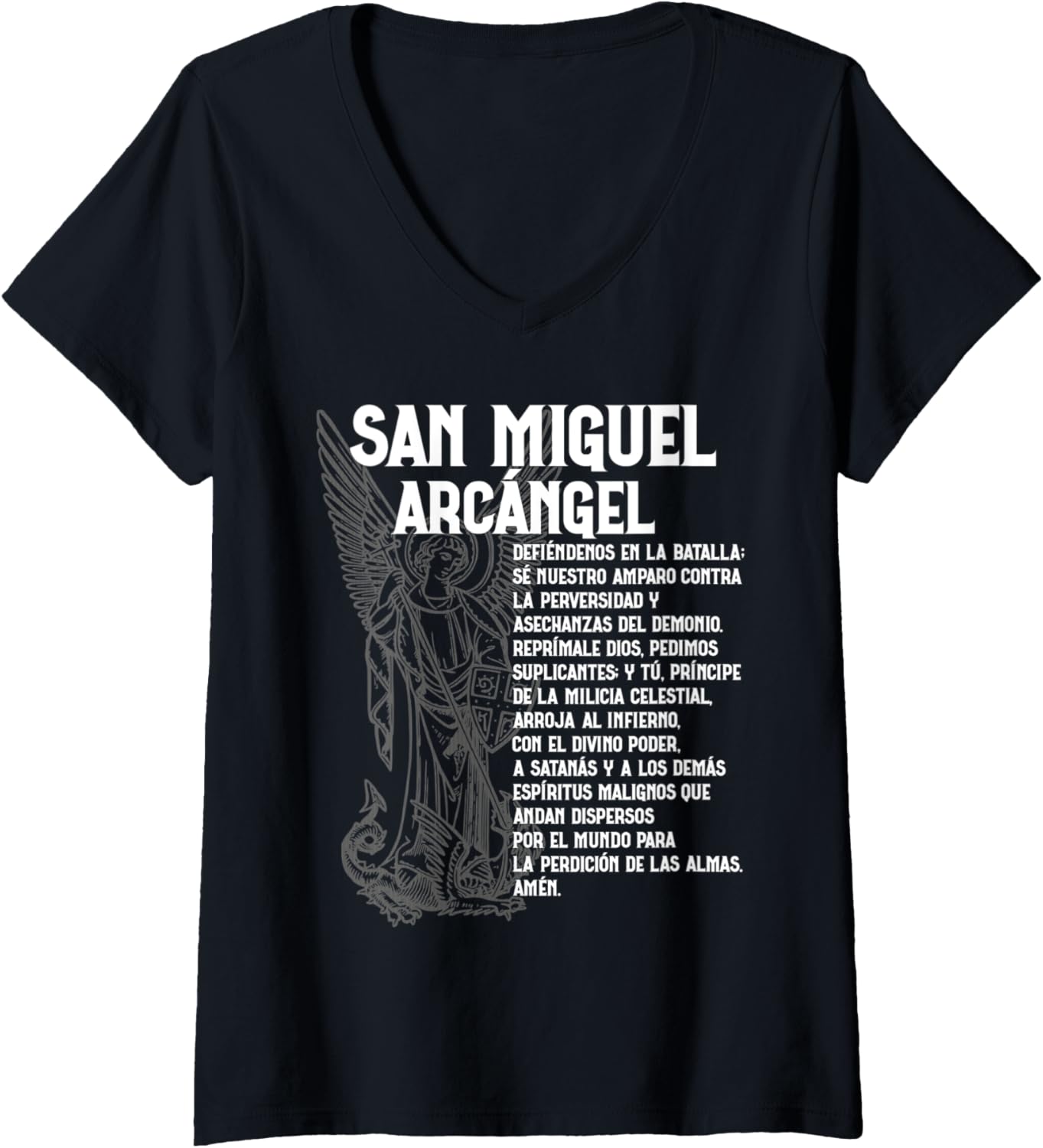 Womens Miguel Arcangel Oracion San St Saint Michael Spanish Espanol V-Neck