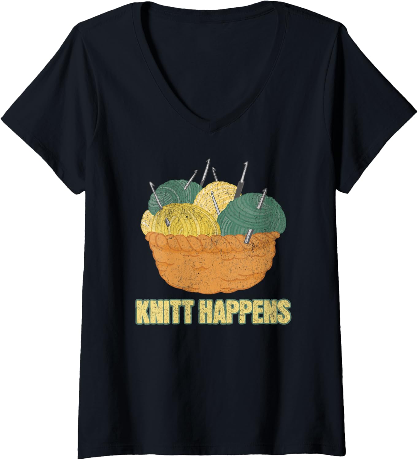 Womens Knitt Happens Funny Knitter Pun Crochet Yarn Lady Hoarding V-Neck