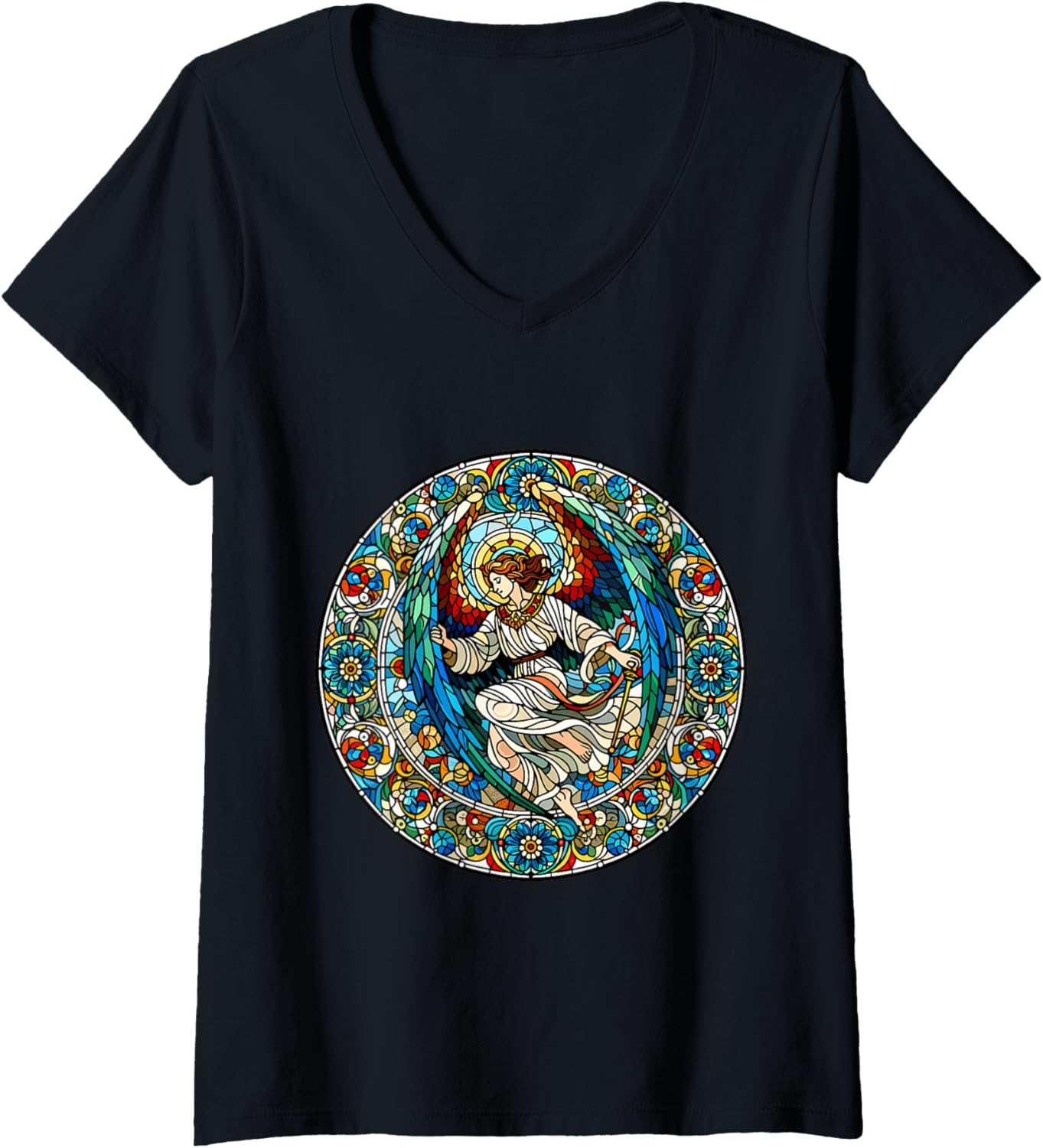 Womens Stained Glass Archangel Saint Michael V-Neck