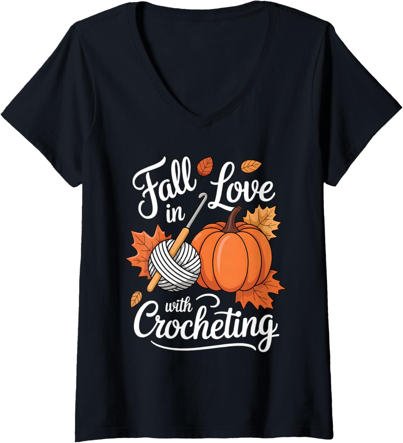 Womens Thanksgiving Fall in Love with Crocheting Autumn Yarn V-Neck