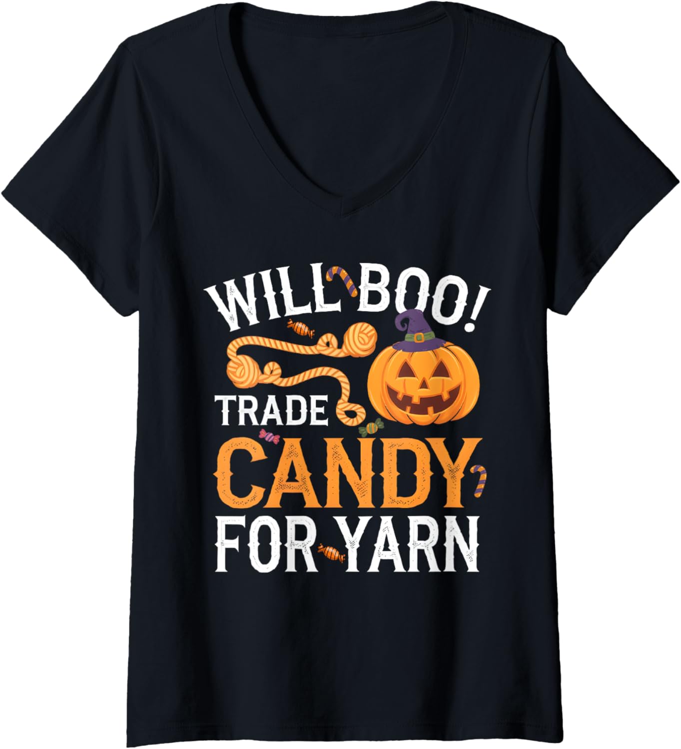 Womens Will Trade Candy For Yarn Pumpkin Halloween Kntting Crochet V-Neck