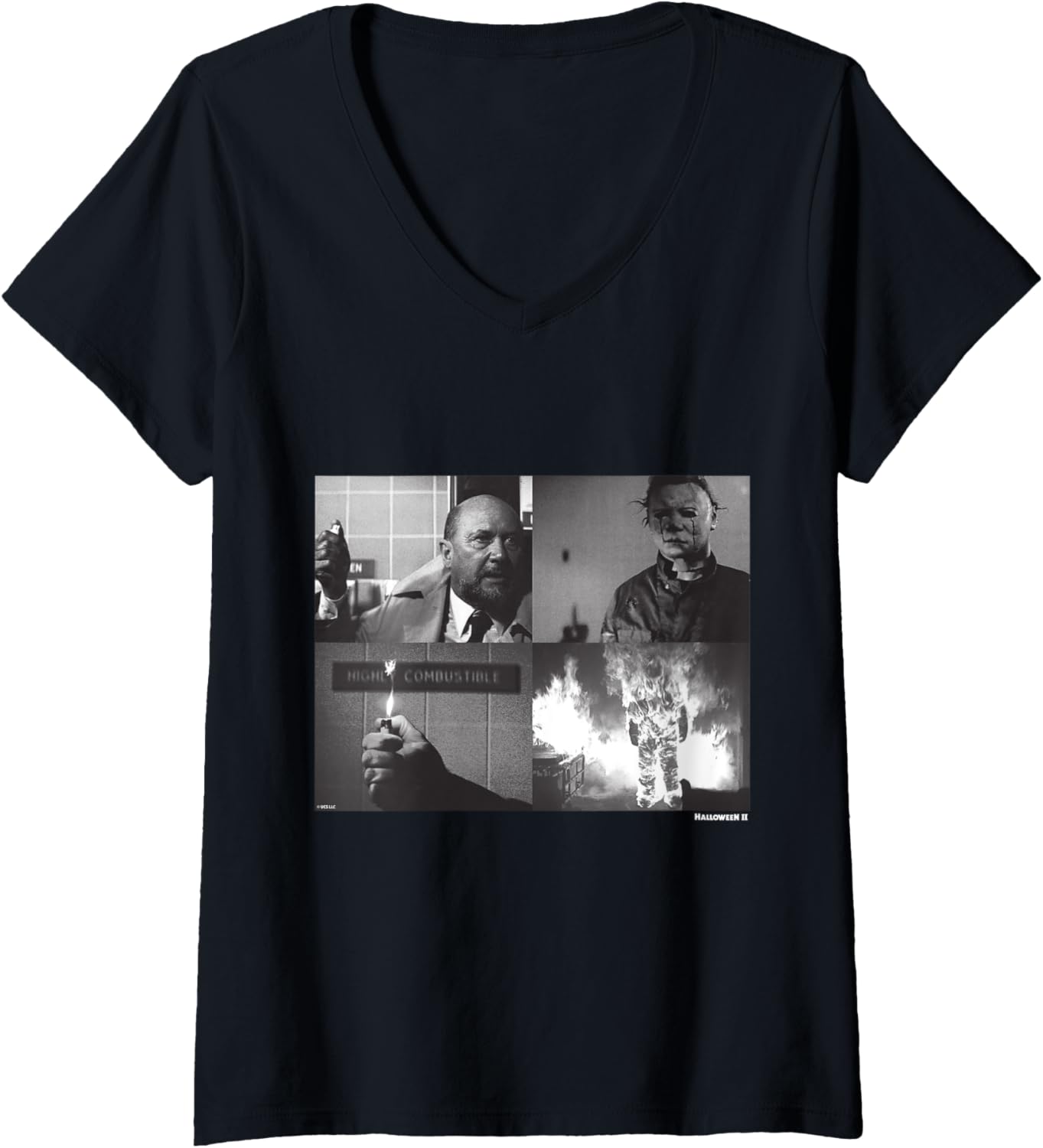 Womens Halloween II Michael Myers and Dr Loomis Fire V-Neck