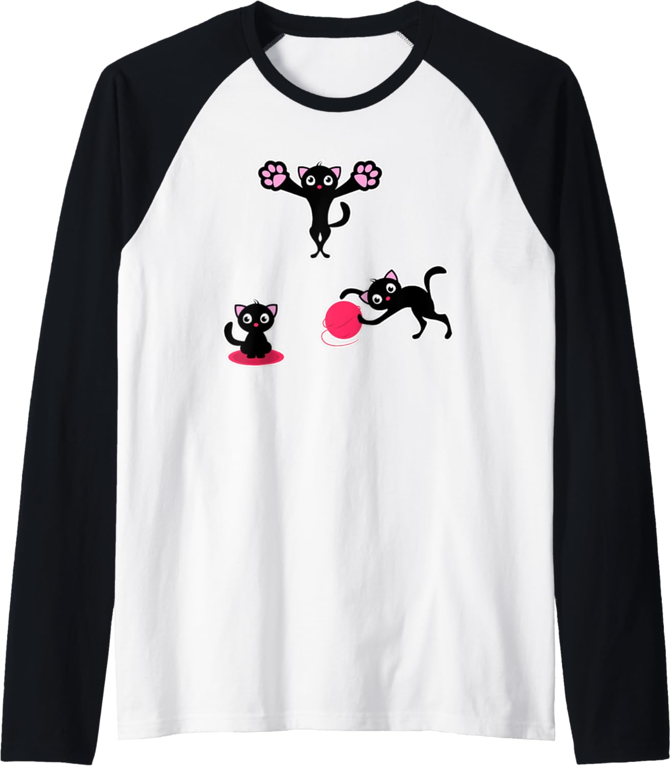 Funny Black Kittens Playing with Yarn T Shirt - Cute Kitties Raglan Baseball Tee