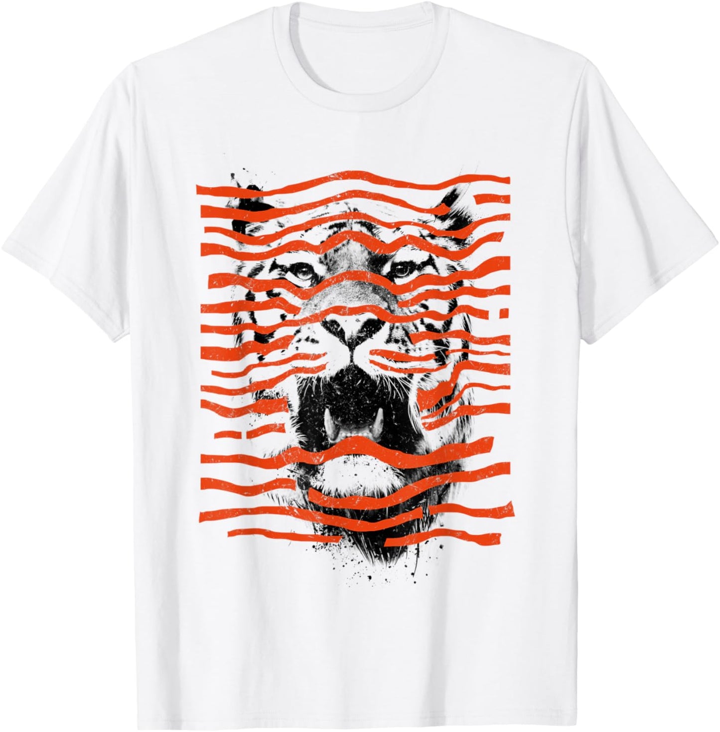 Realistic tiger photographed and placed under red stripes