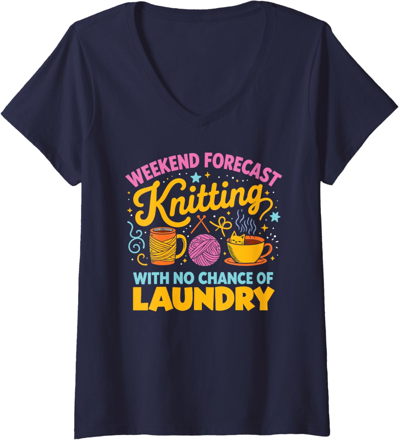 Womens Weekend Forecast Knitting Funny Yarn Lover Design V-Neck