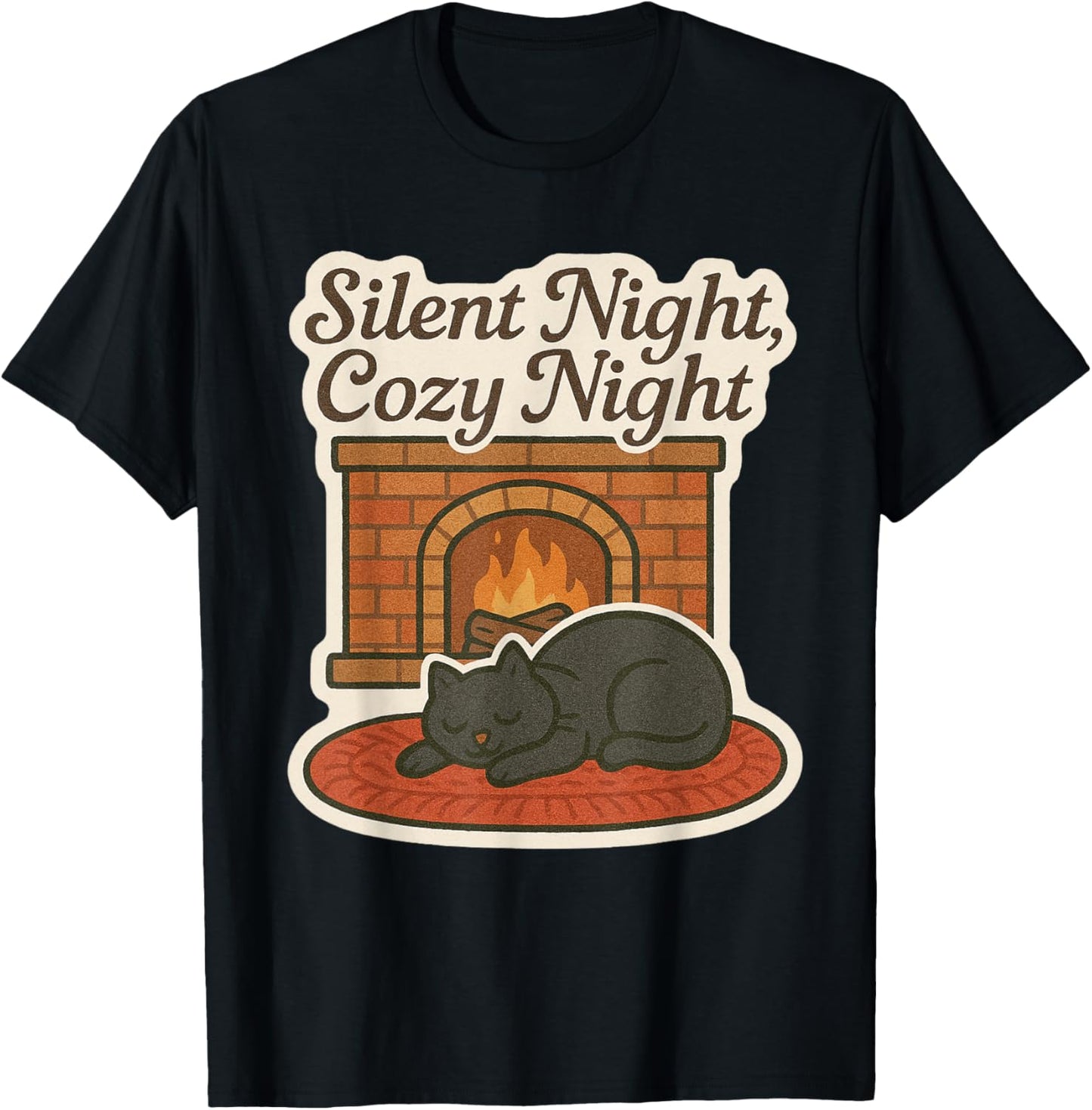 Silent Night Cozy Night Cat Sleeping Fireplace Retro Graphic