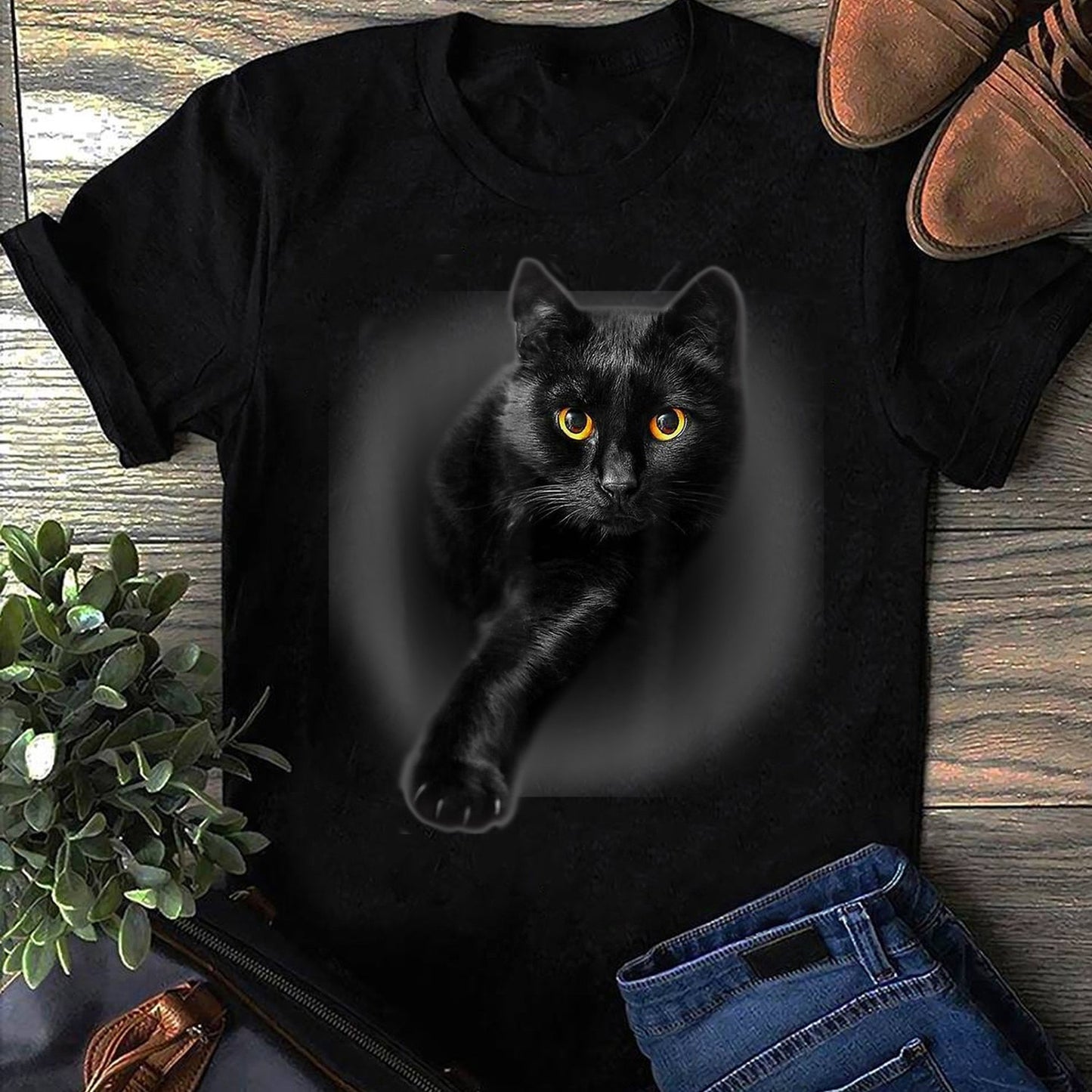 Black Cat Yellow Eyes T-Shirt: Unisex Cat Lover Gift