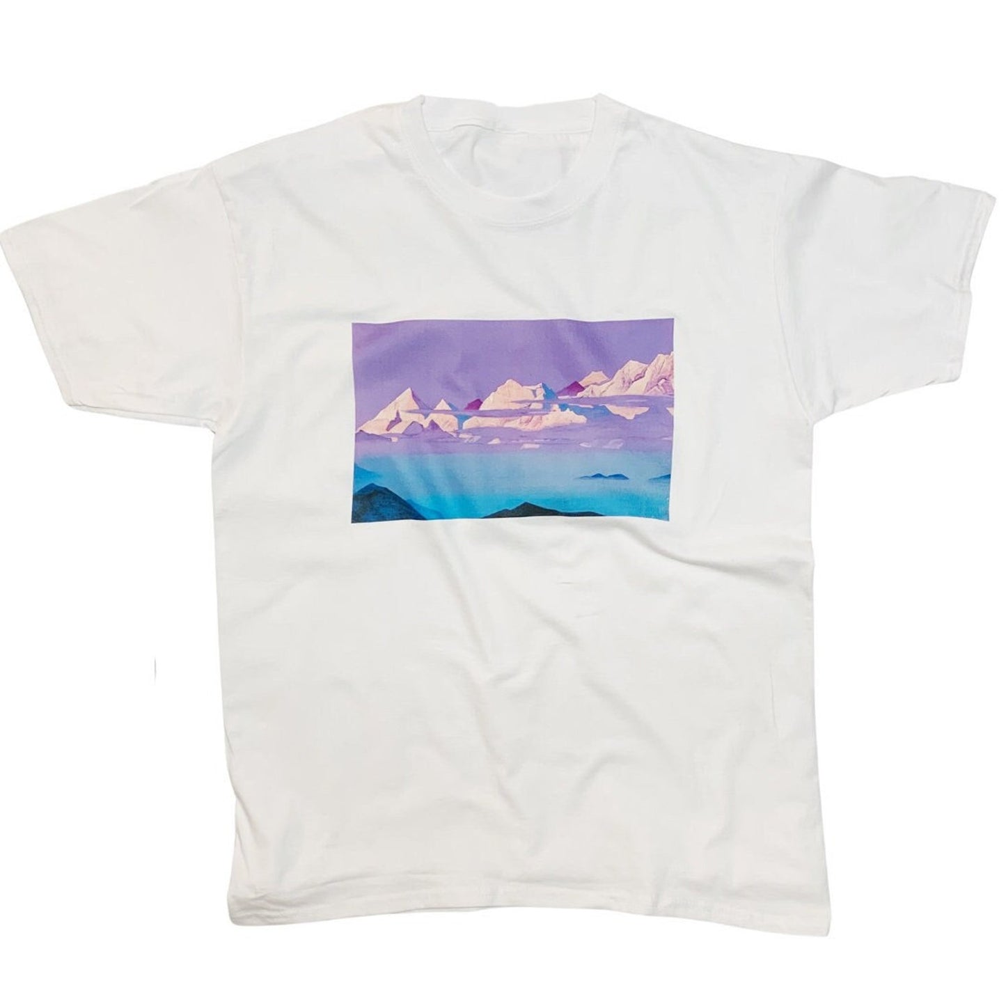 Roerich Himalayas Minimalist T-Shirt with Purple Pink and Blue Colours