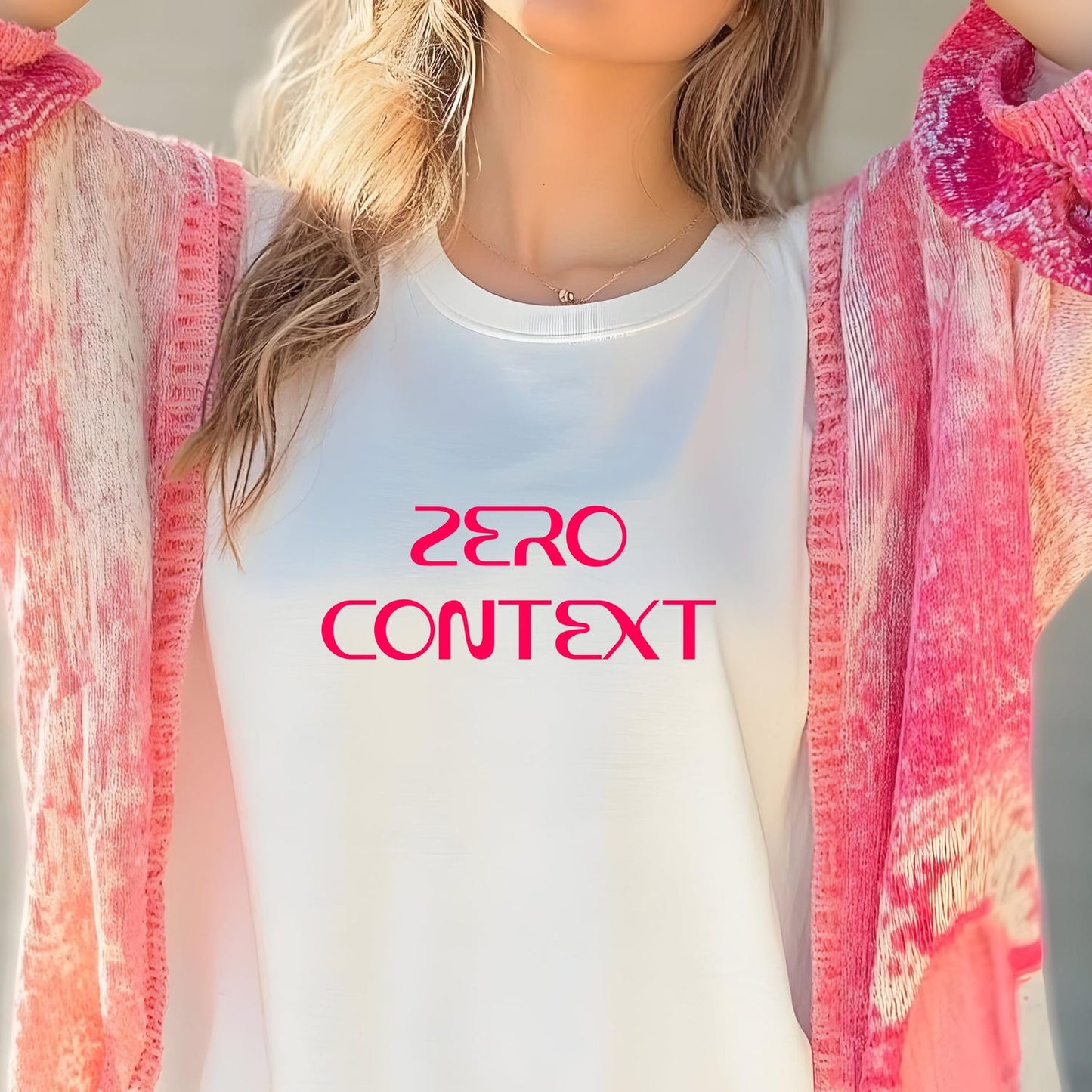 Funny Minimalist T-Shirt: Absurd Gen Z Humor, Hot Pink Text