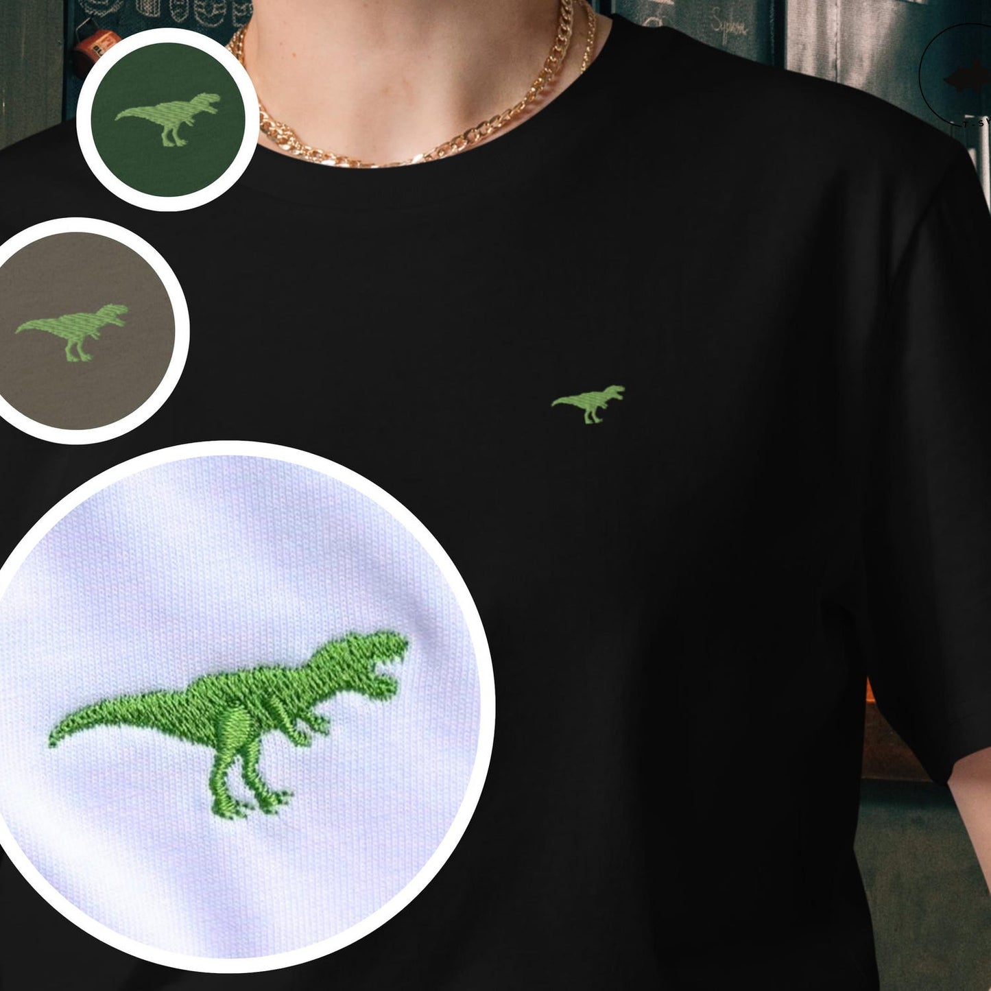 Tiny T-Rex Embroidered Shirt – Minimal Dinosaur Tee – Cute Green T-Rex Silhouette – Jurassic Aesthetic – Unisex Dino Shirt