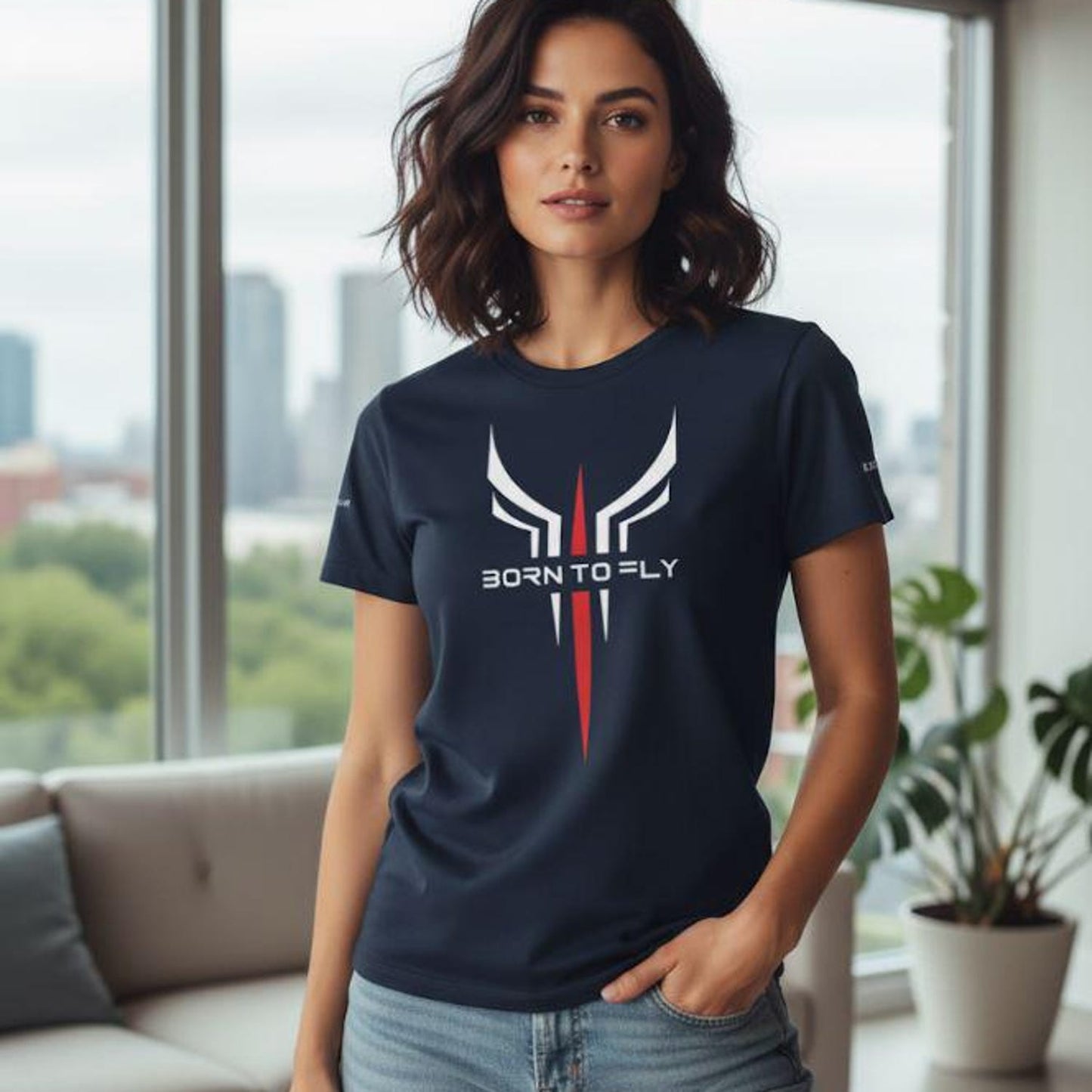 Women’s basic softstyle navy blue pilot t-shirt born to fly minimalist elegance design