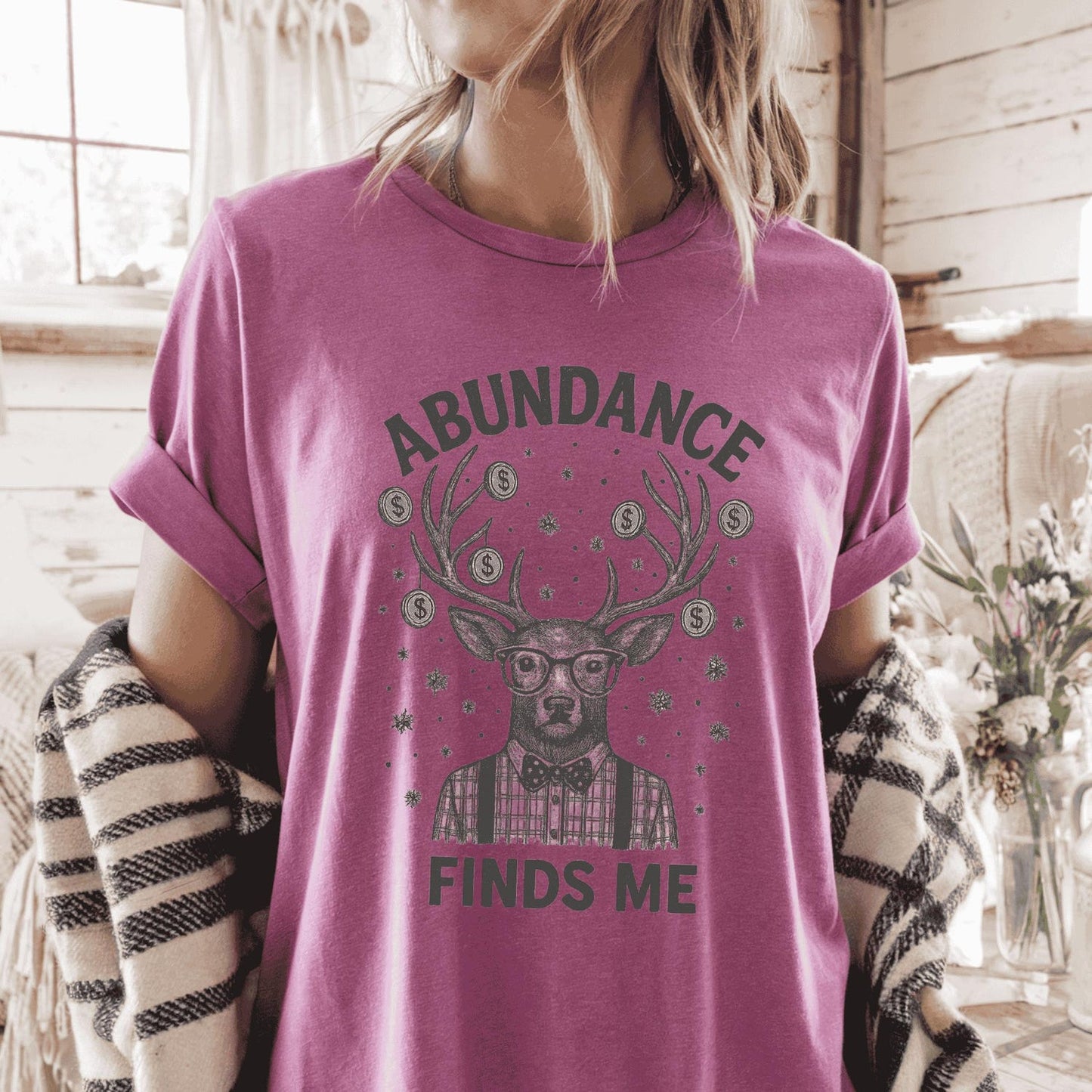 Abundance Finds Me Unisex T-Shirt, Minimalist Deer Print, Mindful Retro 100% Cotton Holiday Gift