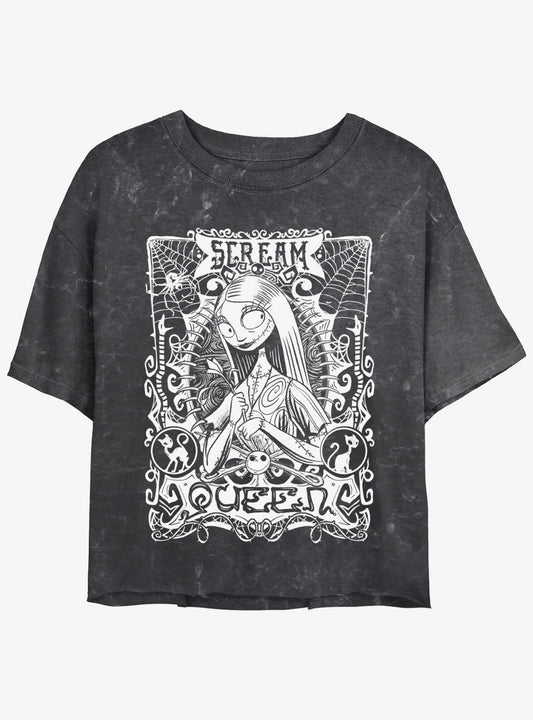 Disney The Nightmare Before Christmas Sally Scream Queen Mineral Wash Girls Crop T-shirt | Trendy Graphic Tee | Casual Unisex T-shirt