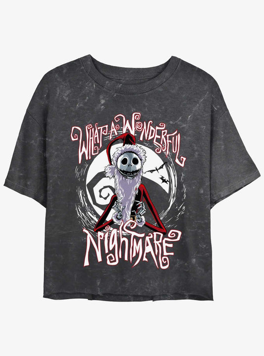 Disney The Nightmare Before Christmas Santa Jack Wonderful Nightmare Mineral Wash Girls Crop T-shirt | Trendy Graphic Tee | Casual Unisex T-shirt