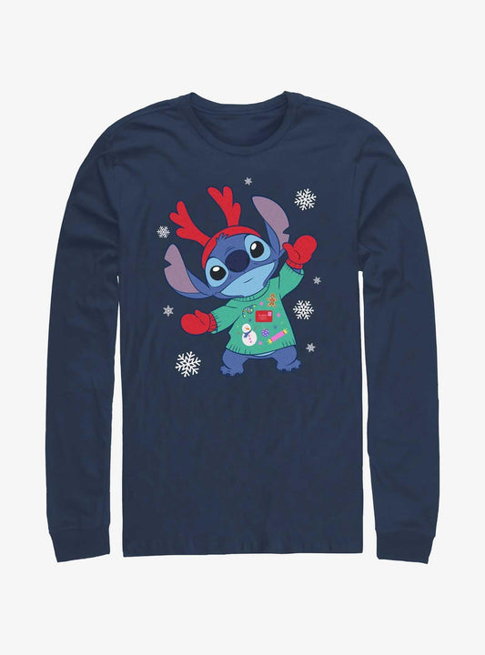 Disney Lilo Stitch Reindeer Stitch Long-Sleeve T-Shirt T-Shirt | Exclusive Art Design | Perfect For Daily Wear