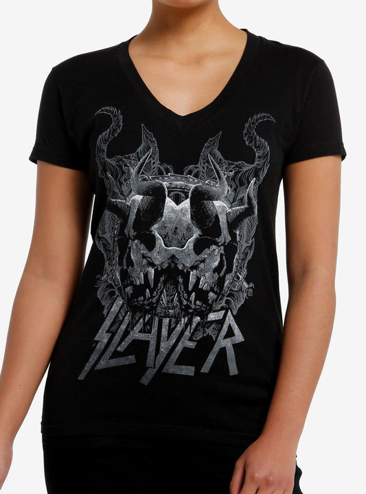 Slayer Horned Skulls Girls V-Neck T-Shirt