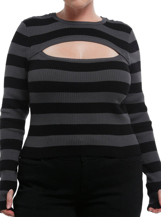 Black & Dark Grey Cut-Out Girls Crop Long-Sleeve Top Plus Size