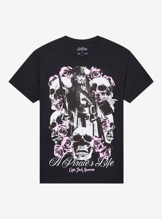 Disney Pirates Of The Caribbean Jack Sparrow Skulls & Roses T-Shirt
