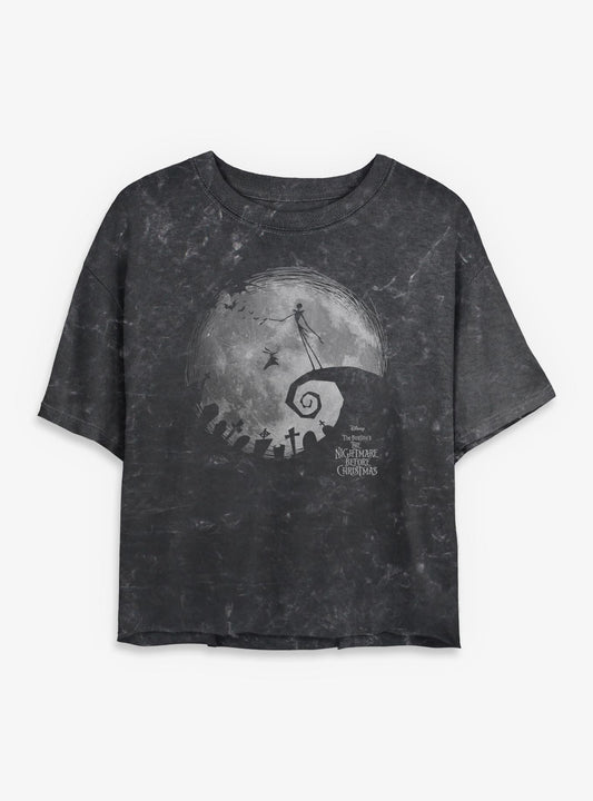 Disney The Nightmare Before Christmas The Nightmare Moon Girls Mineral Wash Crop T-shirt | Trendy Graphic Tee | Casual Unisex T-shirt