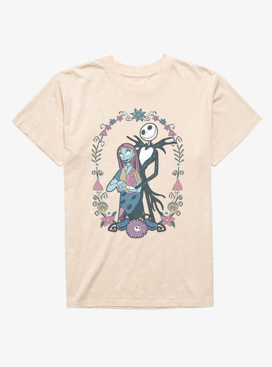 Disney The Nightmare Before Christmas Jack and Sally Flowers Mineral Wash T-Shirt Hot Topic Exclusive T-Shirt | Exclusive Edition | Must-Have Style