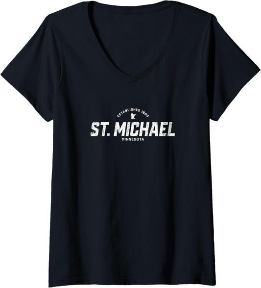 Womens St. Michael Minnesota MN Vintage Athletic Sports Logo V-Neck