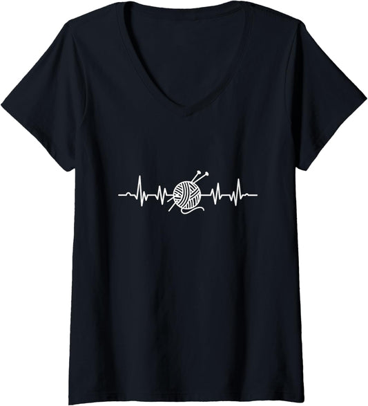 Womens Yarn Heartbeat EKG Yarn Knitting Knitter Crocheting V-Neck