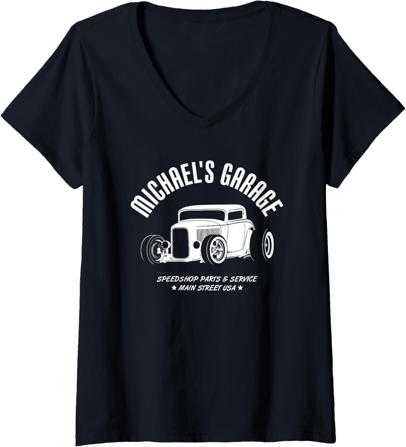 Womens Michael's Garage Hotrod Classic Car Design for Name Michael V-Neck