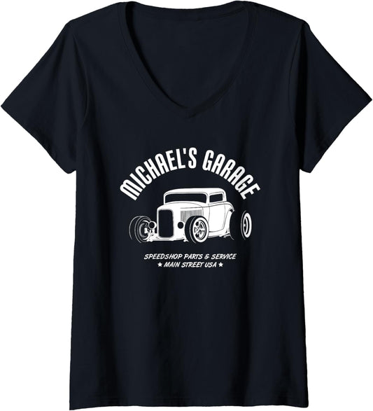 Womens Michael's Garage Hotrod Classic Car Design for Name Michael V-Neck
