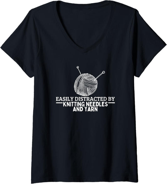 Womens Knitting Easily Distracted By Knitting Needles And Yarn V-Neck