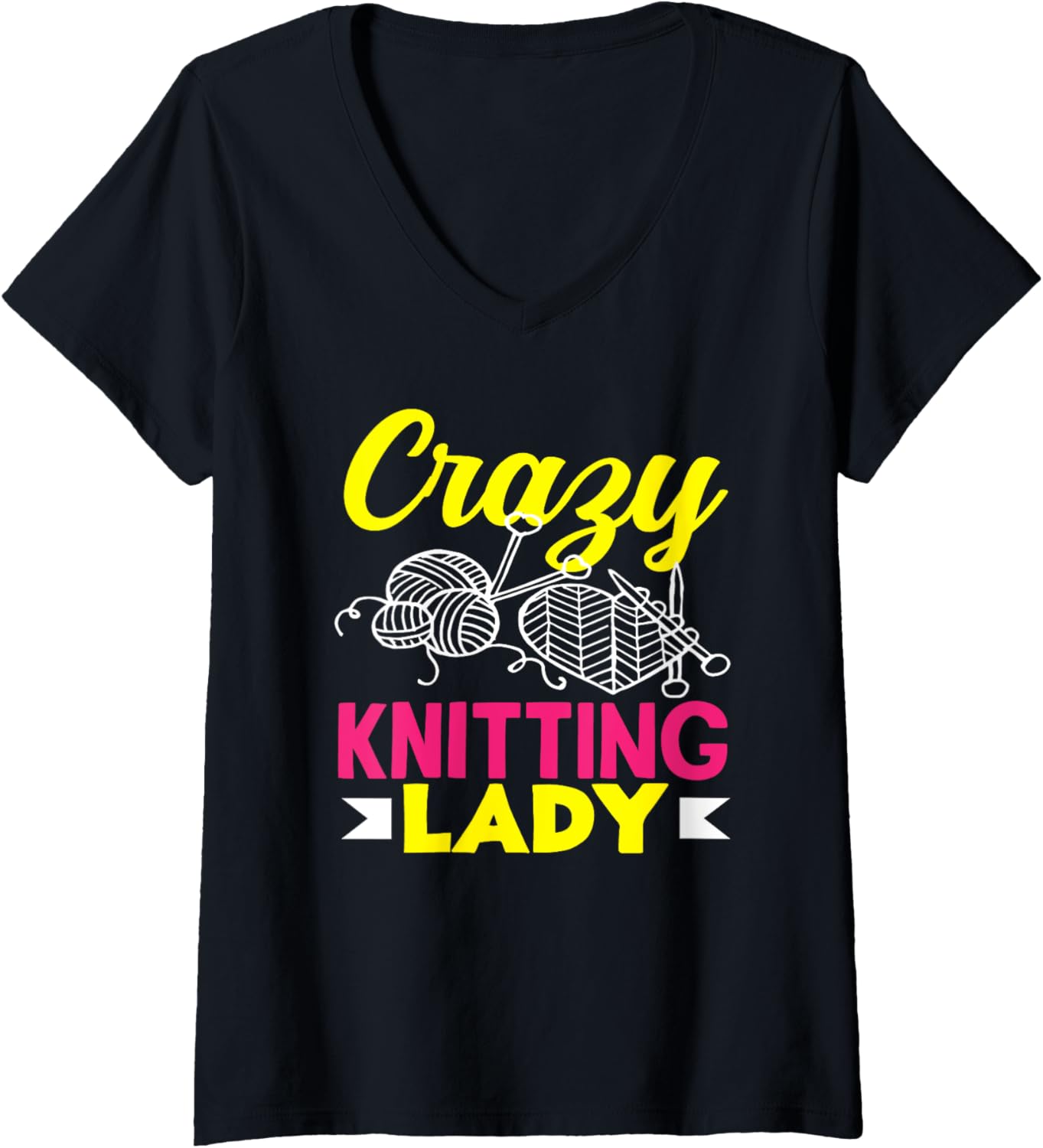 Womens Knitting Crazy Knitting Lady Hobby Women Knitter Yarn V-Neck