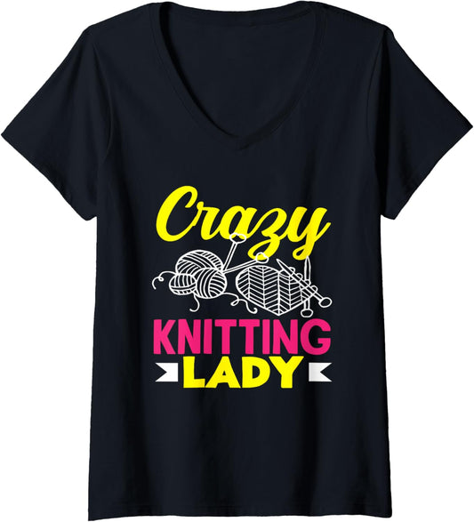 Womens Knitting Crazy Knitting Lady Hobby Women Knitter Yarn V-Neck