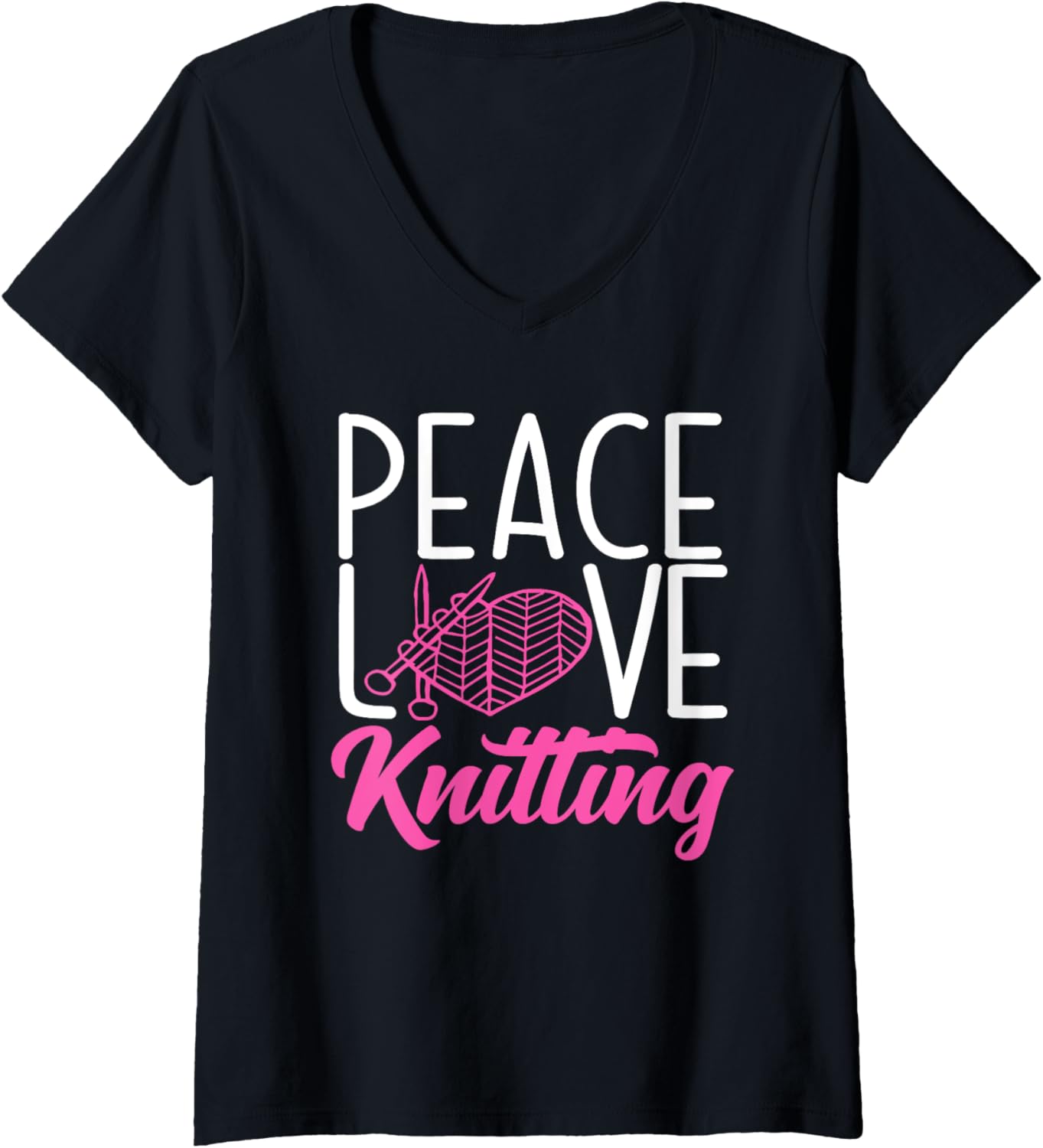 Womens Knitting Peace Love Yarn Needles Hobby Knitter V-Neck