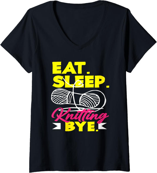 Womens Knitting Eat Sleep Knitting Bye Yarn Hobby Needle Knitter V-Neck