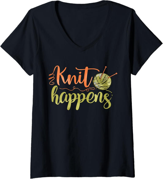 Funny Knitting Nerd Knit Happens Yarn Crochet Lover Women V-Neck
