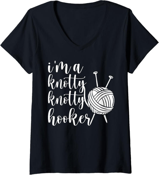 Womens Knotty Hooker Funny Crocheter Yarn Lover V-Neck
