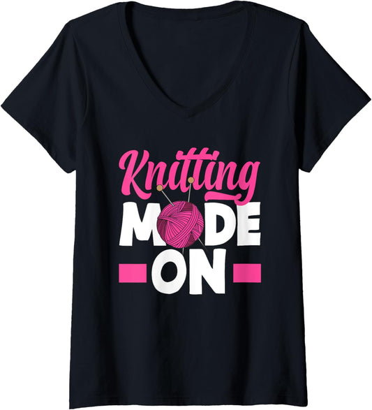 Womens Knitting Mode On Yarn Needles Knitter Grandma V-Neck