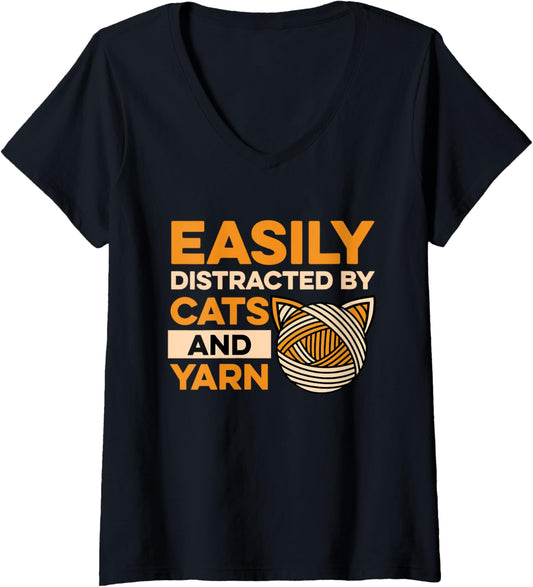 Easily Distracted By Cats and Yarn Crocheting Cat Lover V-Neck