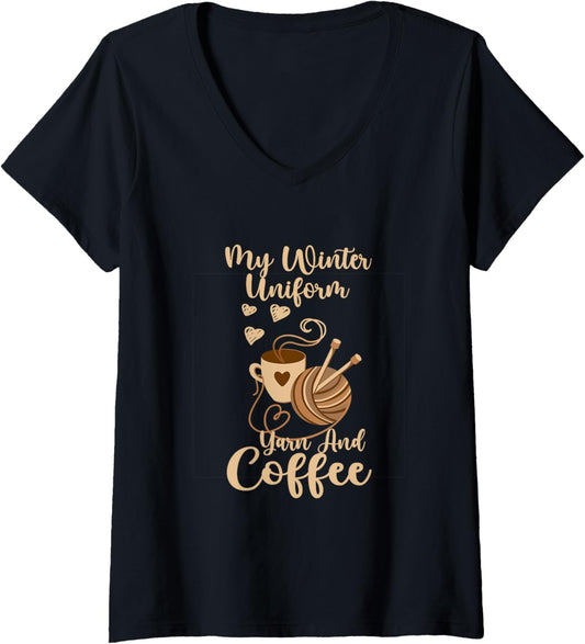 Womens My winter uniform Yarn and coffee V-Neck