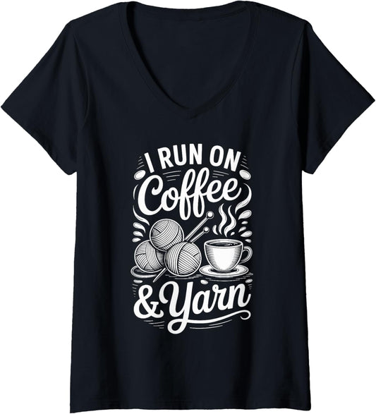 Womens I Run On Coffee And Yarn Funny Knitting Knitter V-Neck
