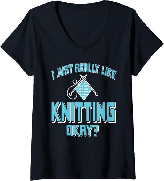 Womens I Just Really Like Knitting Funny Yarn Hobby V-Neck