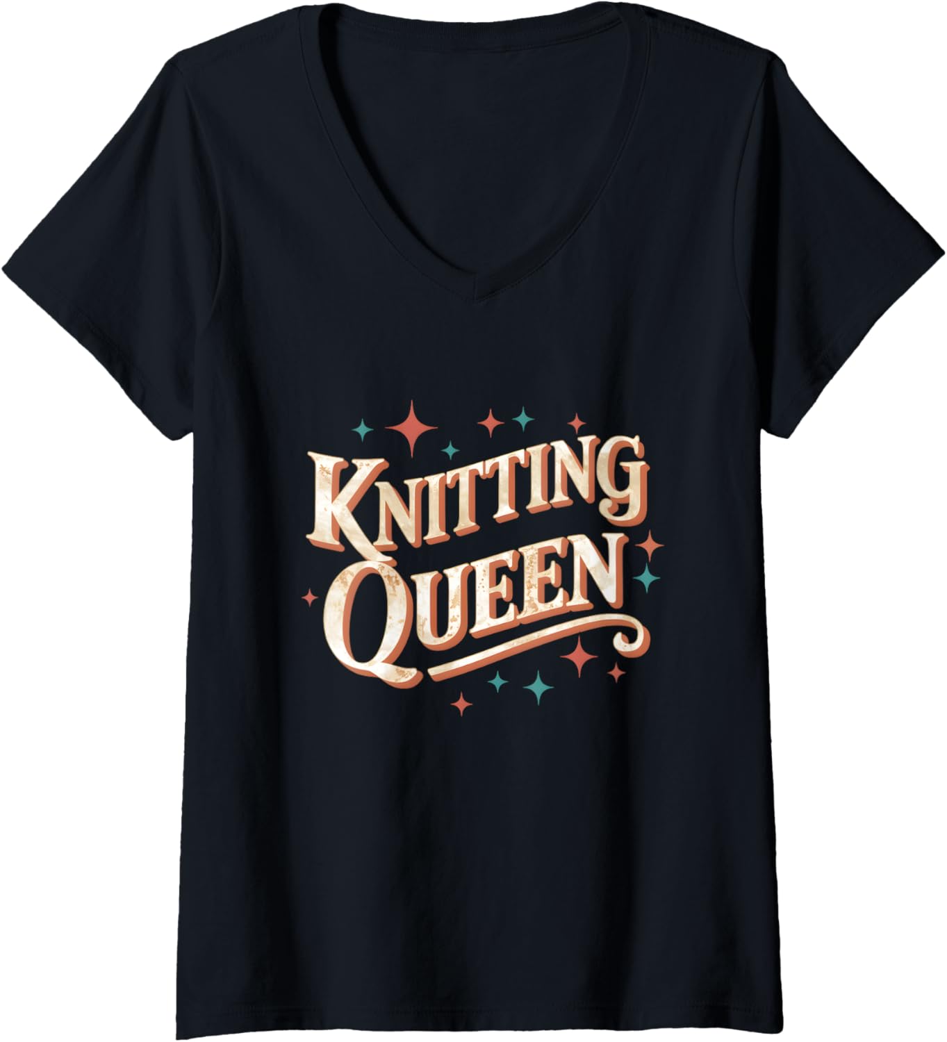 Womens Knitting Queen Retro Typography Yarn Lover V-Neck