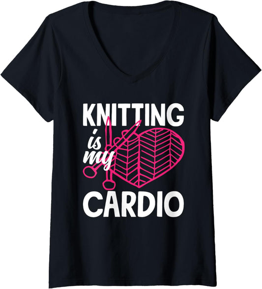 Womens Knitting Is My Cardio Yarn Needle Knitter Hobby Knitting V-Neck