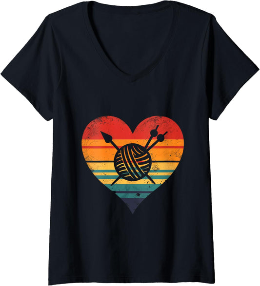 Womens Love Yarn Knitting Crochet Heart Nostalgic Crafts V-Neck